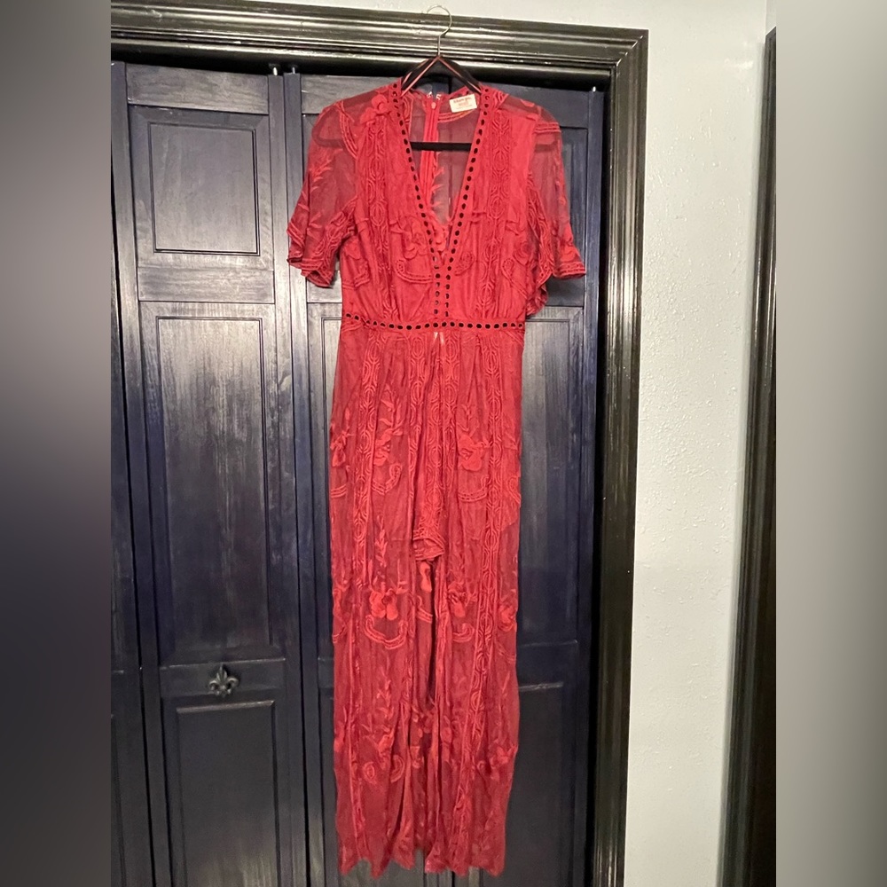 Showpo garnet red romper with cape detail